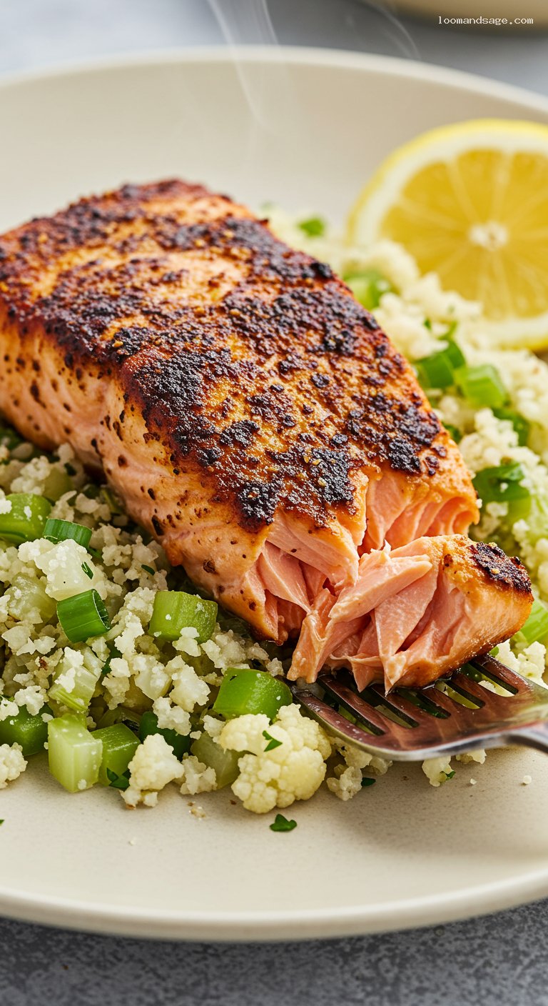 Keto Cajun Blackened Salmon with Dirty Cauliflower Rice – Closeup