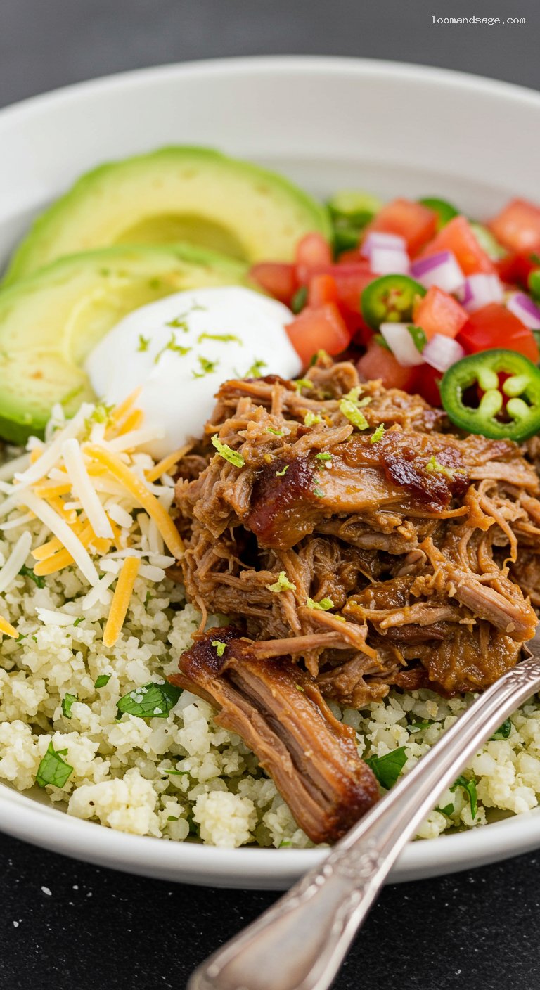 Keto Carnitas Burrito Bowls with Cauliflower Rice – Closeup