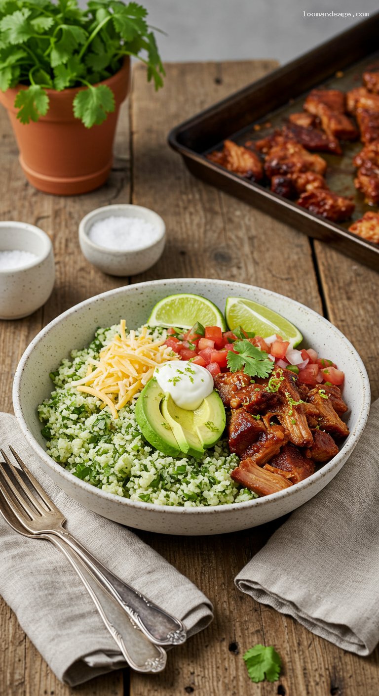 Keto Carnitas Burrito Bowls with Cauliflower Rice