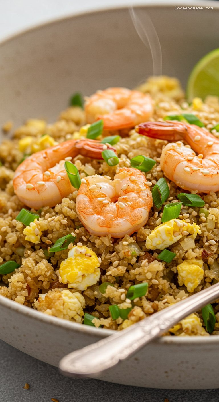 Keto Cauliflower Fried Rice with Eggs and Shrimp – Closeup