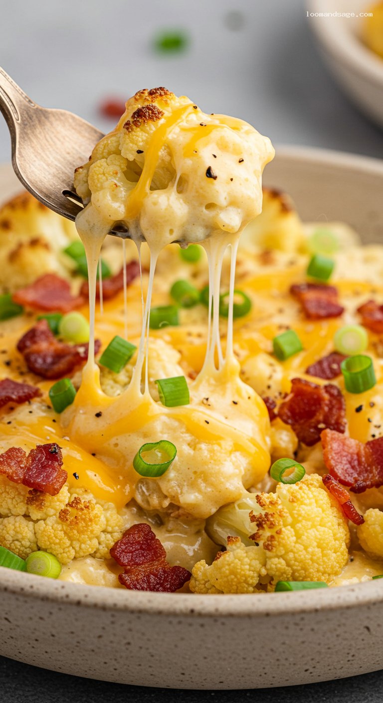 Keto Cauliflower Mac and Cheese with Bacon – Closeup