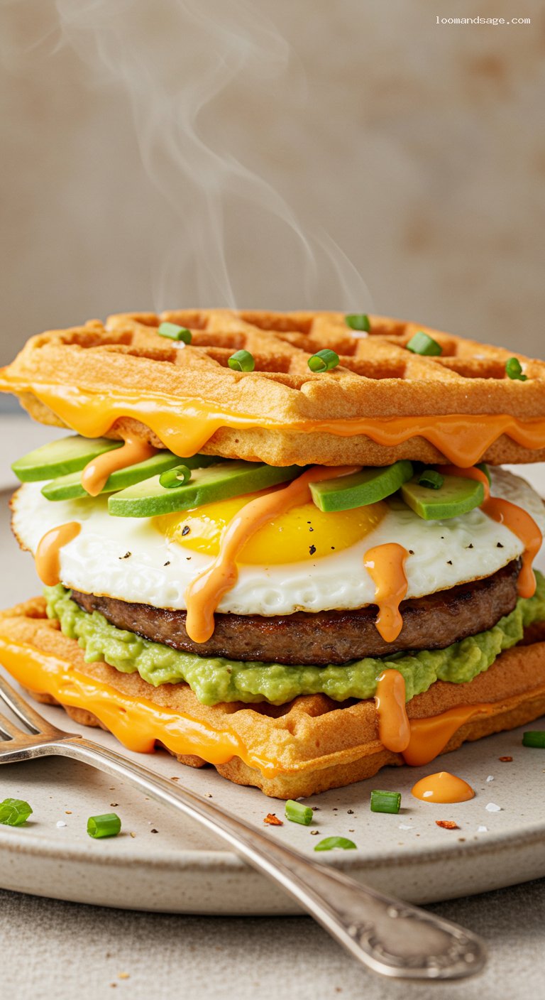 Keto Chaffle Breakfast Sandwiches with Sausage and Avocado – Closeup