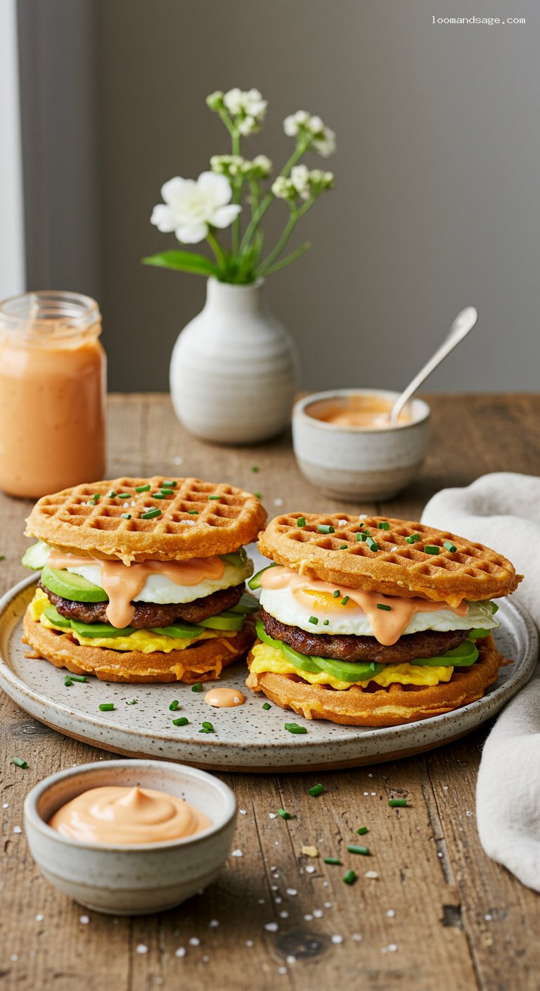 Keto Chaffle Breakfast Sandwiches with Sausage and Avocado