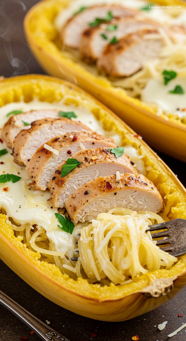 Keto Chicken Alfredo Spaghetti Squash Boats – Closeup