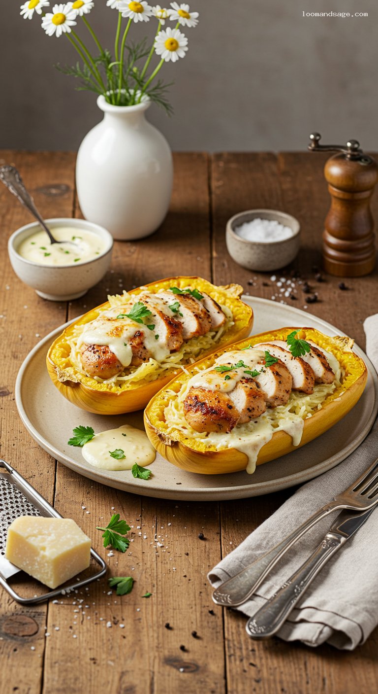 Keto Chicken Alfredo Spaghetti Squash Boats
