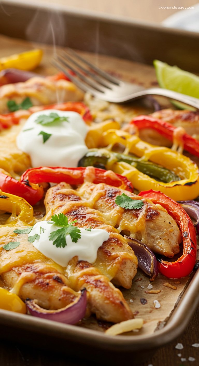 Keto Chicken Fajita Sheet Pan Bake with Lime Crema – Closeup