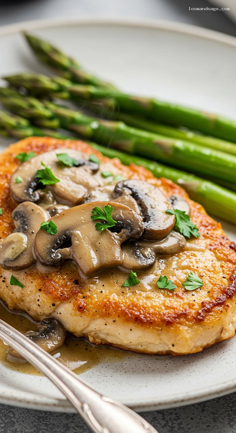 Keto Chicken Marsala with Creamy Mushroom Sauce and Asparagus – Closeup