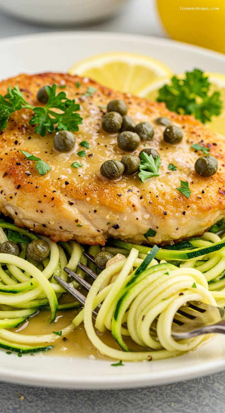 Keto Chicken Piccata with Zucchini Noodles – Closeup