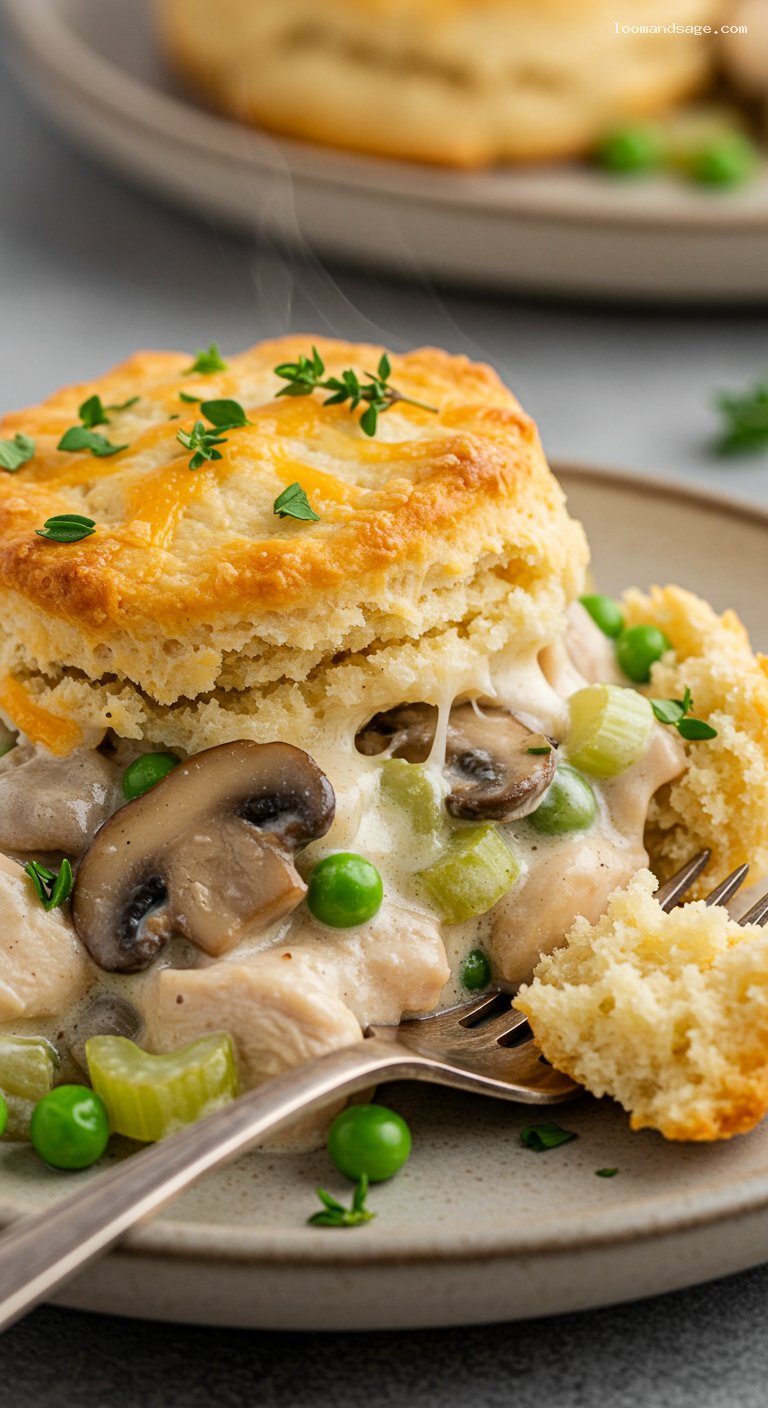 Keto Chicken Pot Pie Casserole with Cheddar Biscuit Topping – Closeup