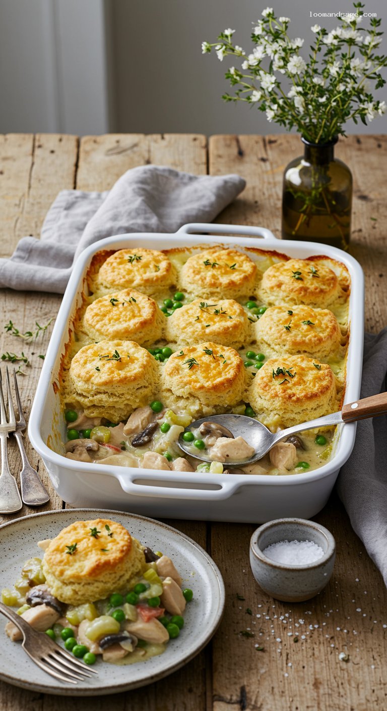 Keto Chicken Pot Pie Casserole with Cheddar Biscuit Topping