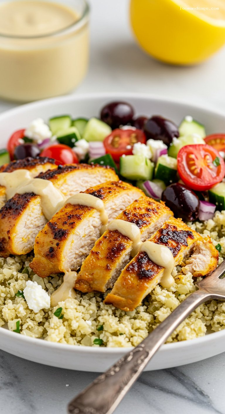 Keto Chicken Shawarma Bowls with Lemon-Tahini Drizzle – Closeup