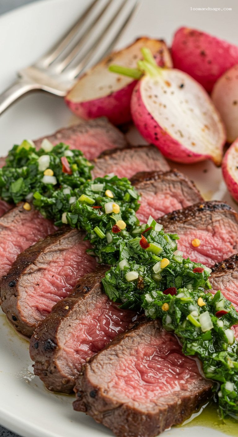 Keto Chimichurri Steak with Roasted Radishes – Closeup