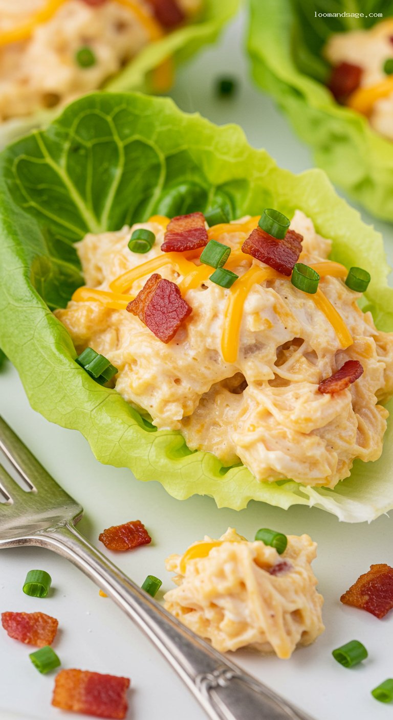 Keto Crack Chicken Lettuce Cups with Bacon and Chives – Closeup