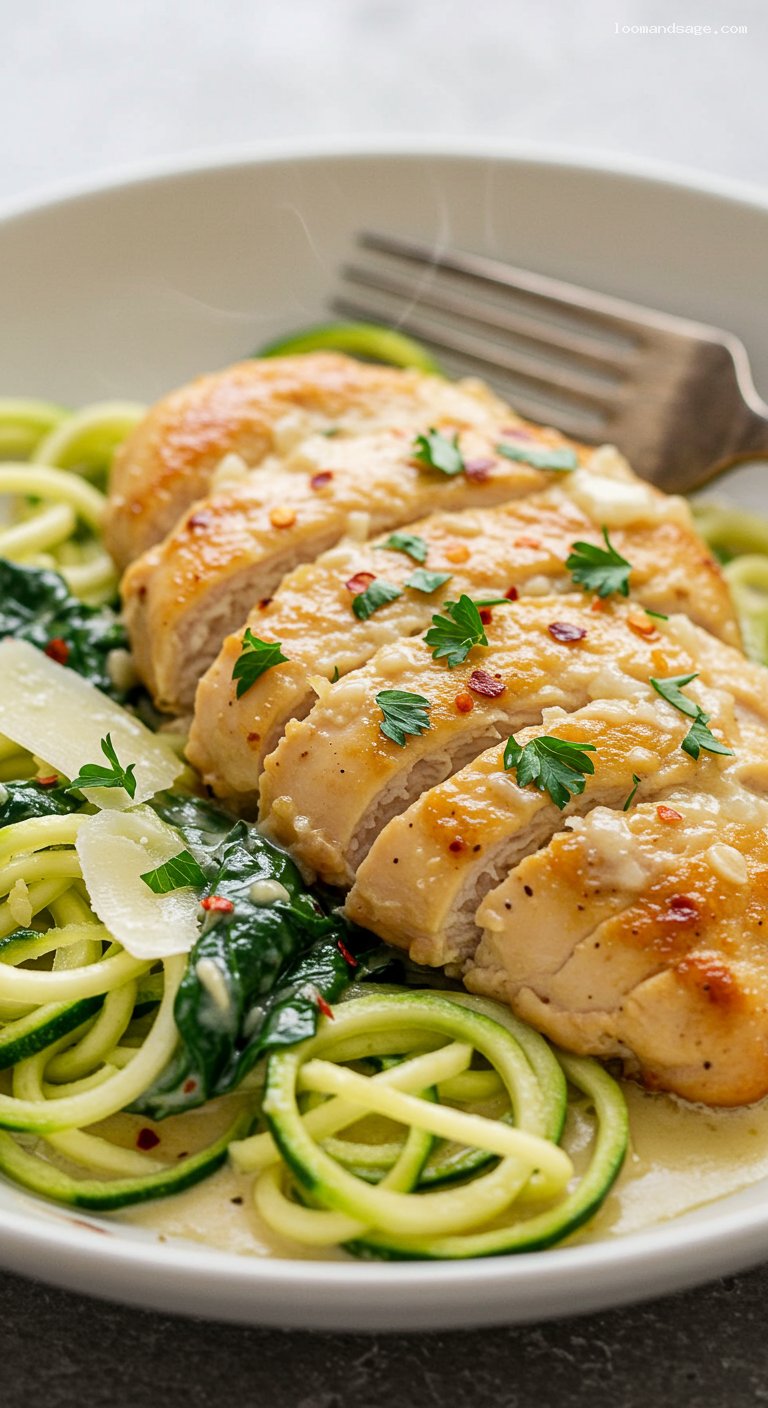 Keto Creamy Garlic Parmesan Chicken with Zoodles – Closeup