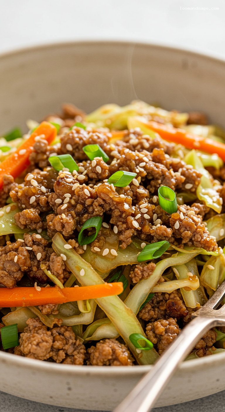 Keto Egg Roll in a Bowl with Pork and Cabbage – Closeup