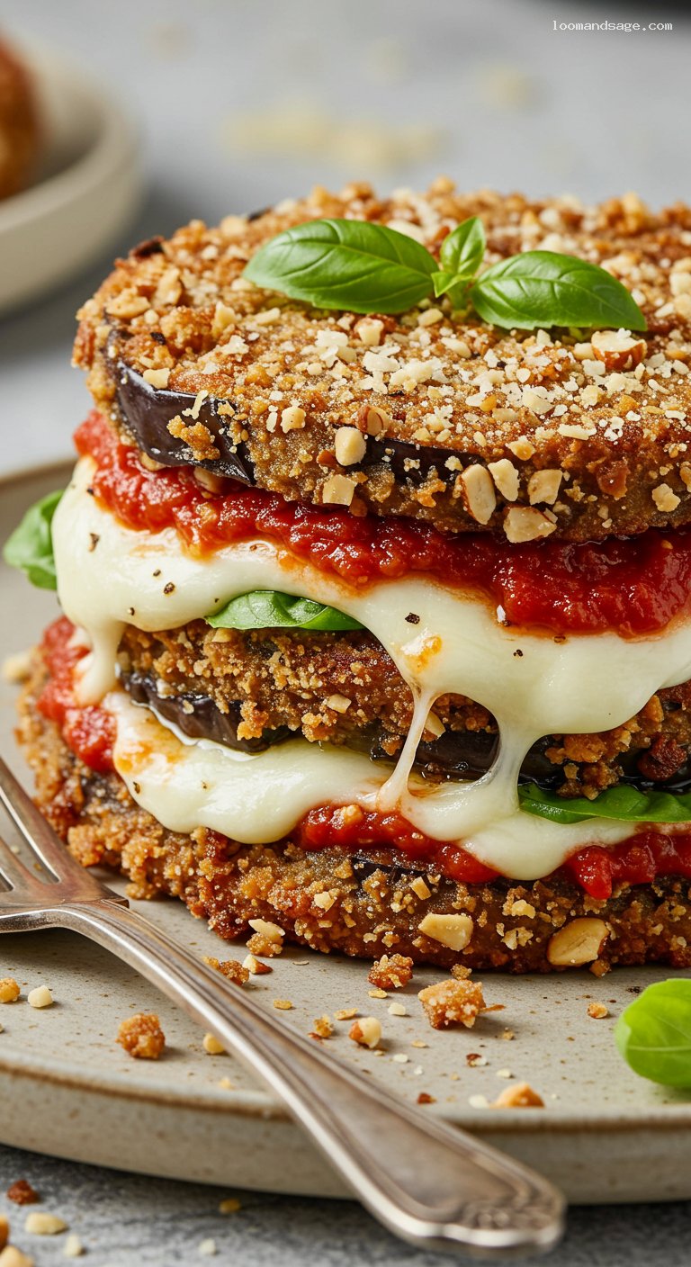 Keto Eggplant Parmesan Stacks with Almond Flour – Closeup