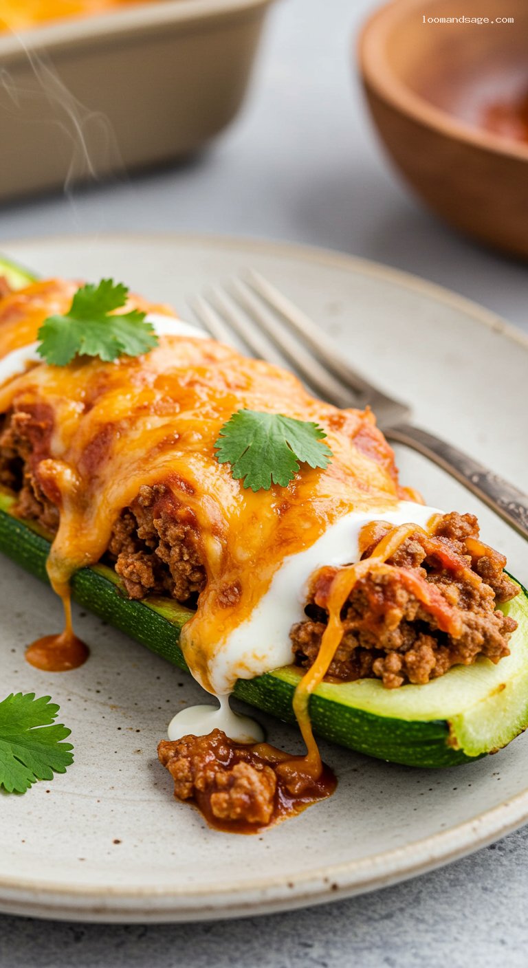 Keto Enchilada Zucchini Boats with Beef and Cheese – Closeup