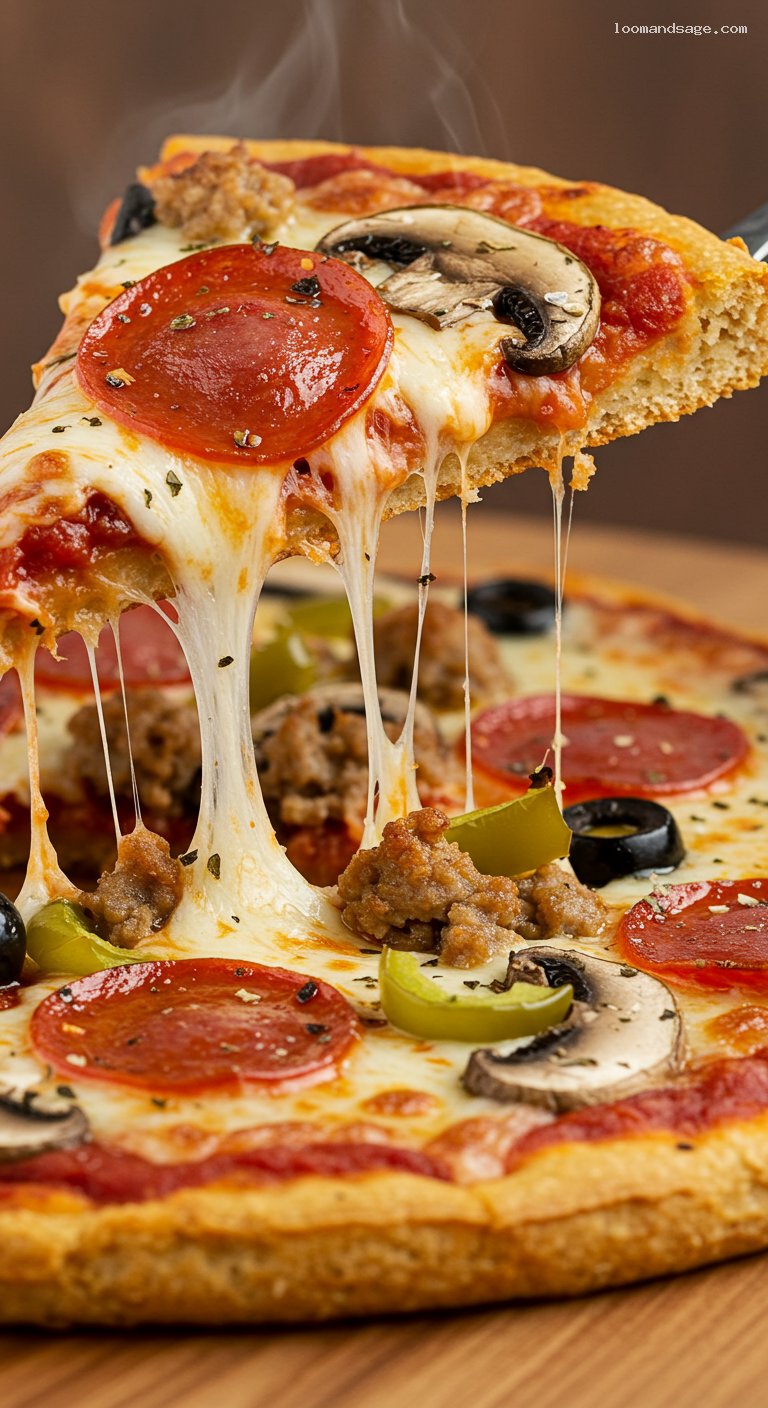 Keto Fathead-Crust Supreme Pizza – Closeup