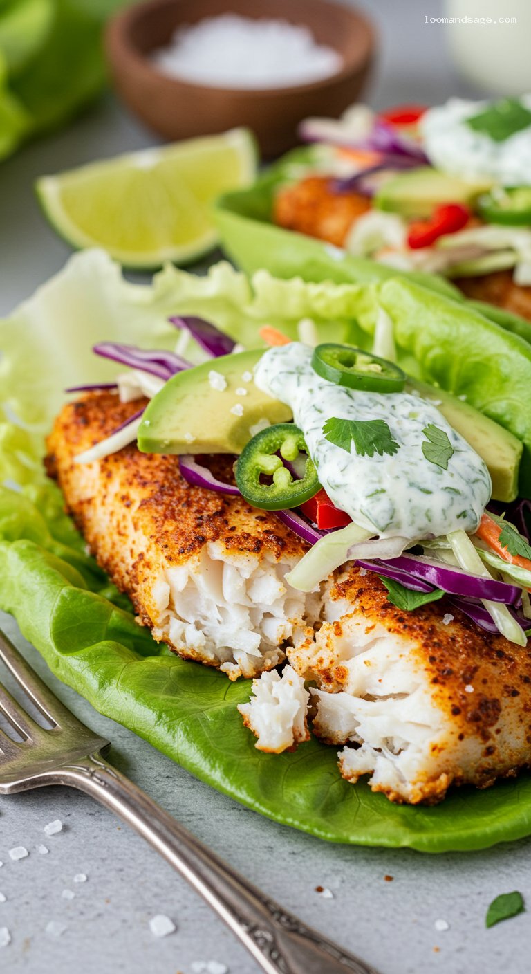 Keto Fish Taco Lettuce Wraps with Cilantro Lime Crema – Closeup