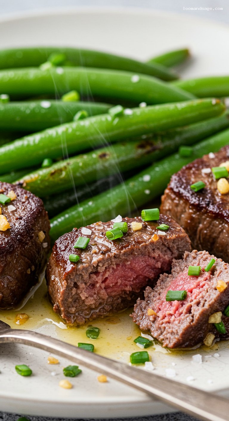 Keto Garlic-Butter Steak Bites with Green Beans – Closeup