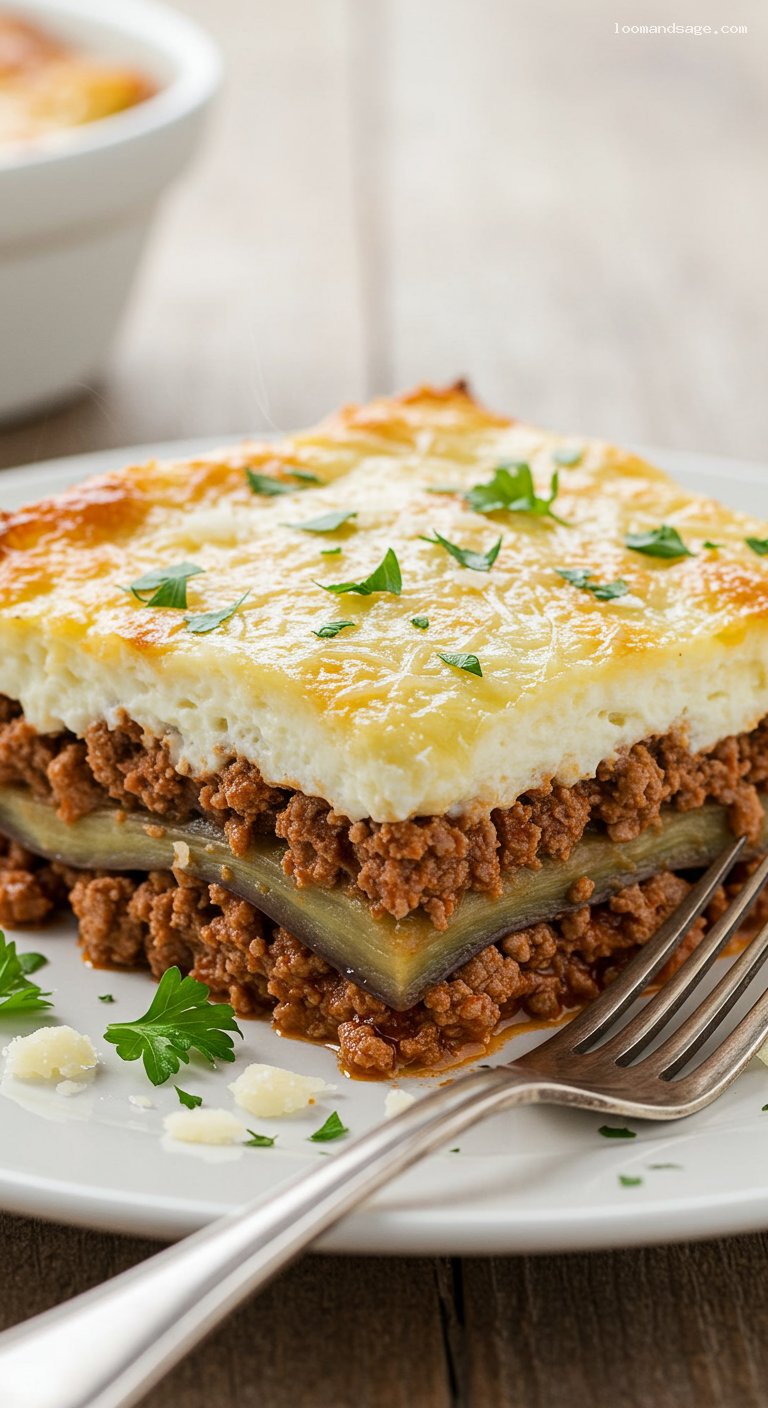 Keto Greek Moussaka with Eggplant and Lamb – Closeup