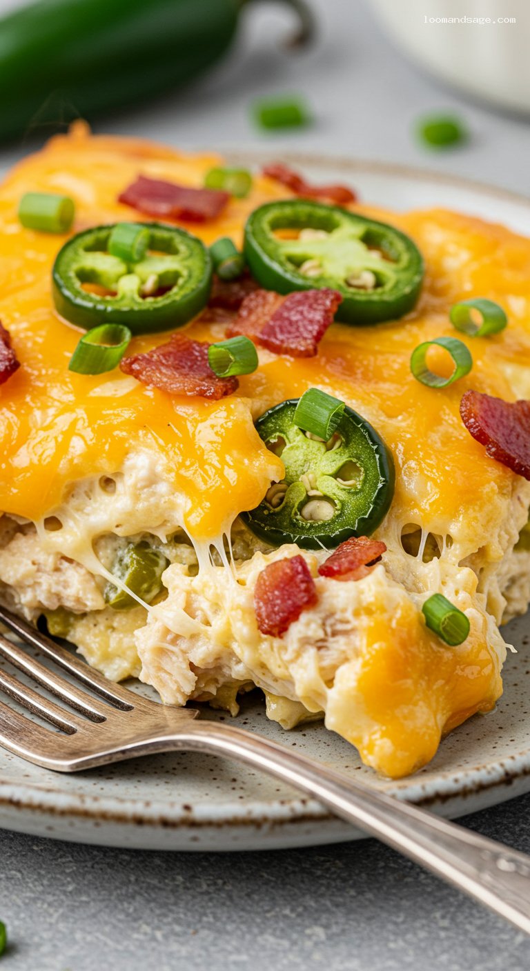 Keto Jalapeño Popper Chicken Casserole with Bacon – Closeup
