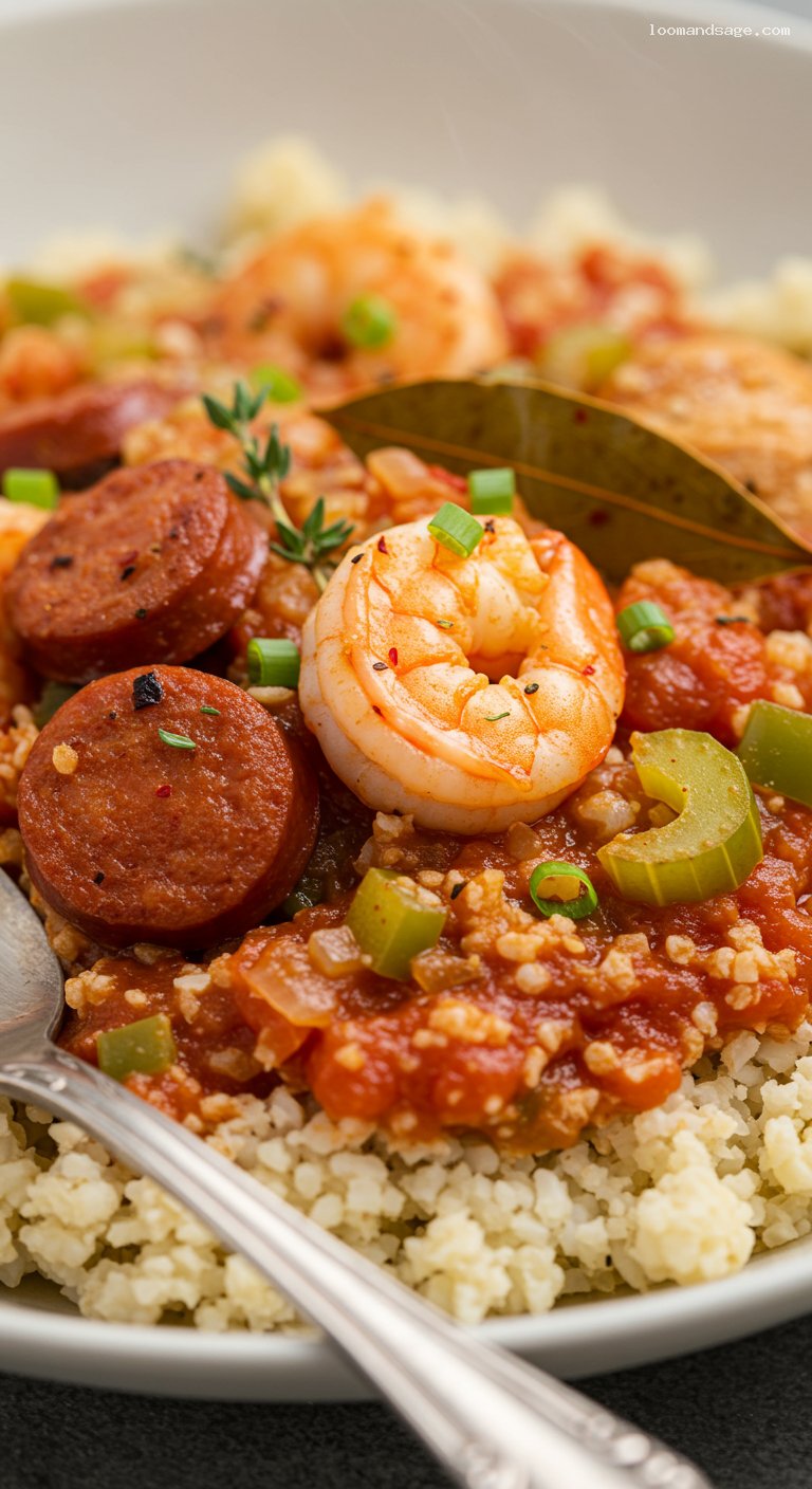 Keto Jambalaya with Cauliflower Rice and Andouille – Closeup