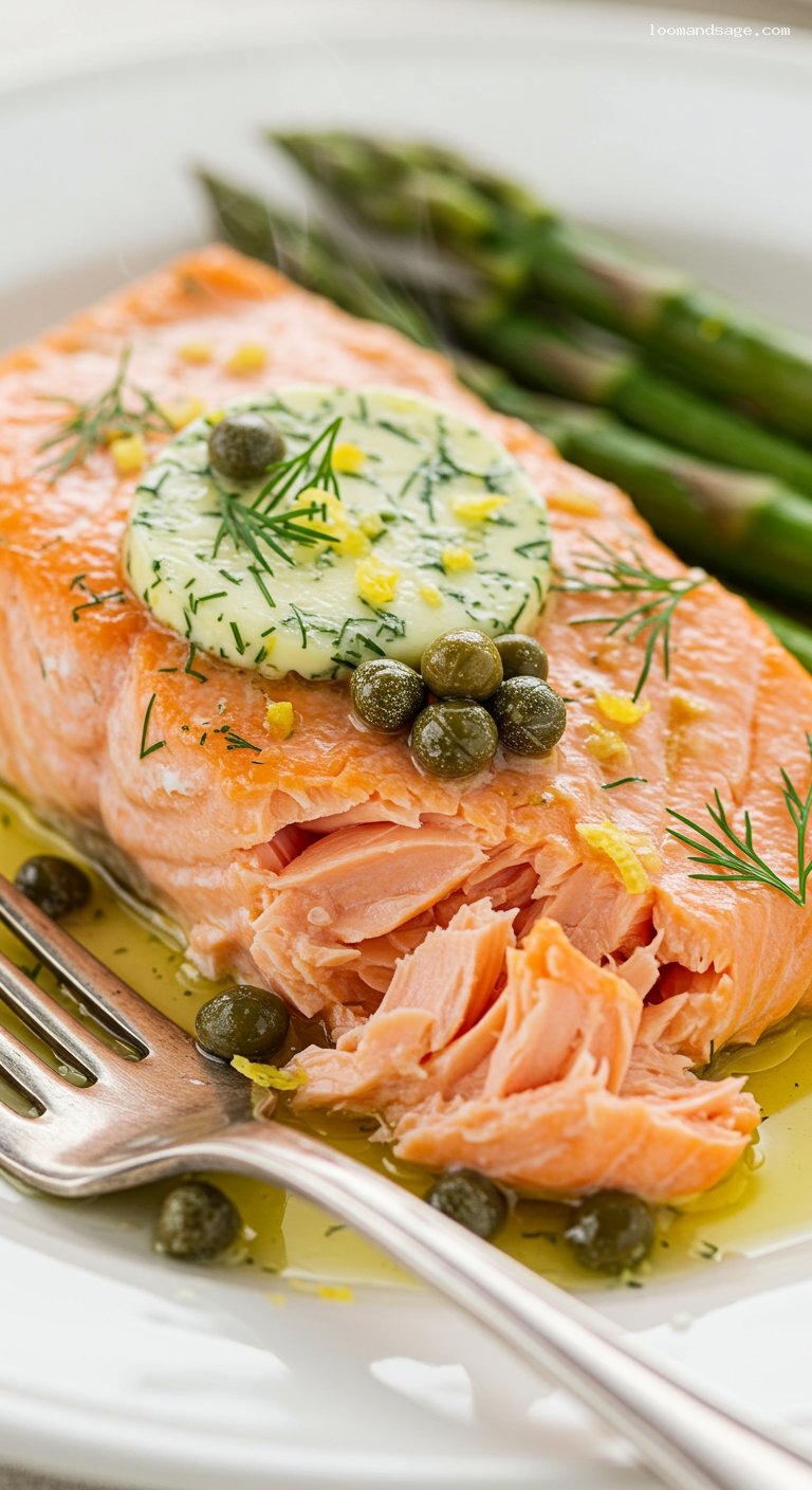 Keto Lemon-Dill Butter Salmon Sheet Pan with Asparagus – Closeup