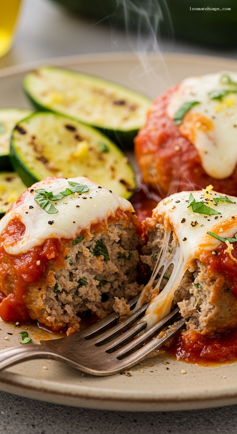Keto Meatball Parmesan Bake with Roasted Zucchini – Closeup