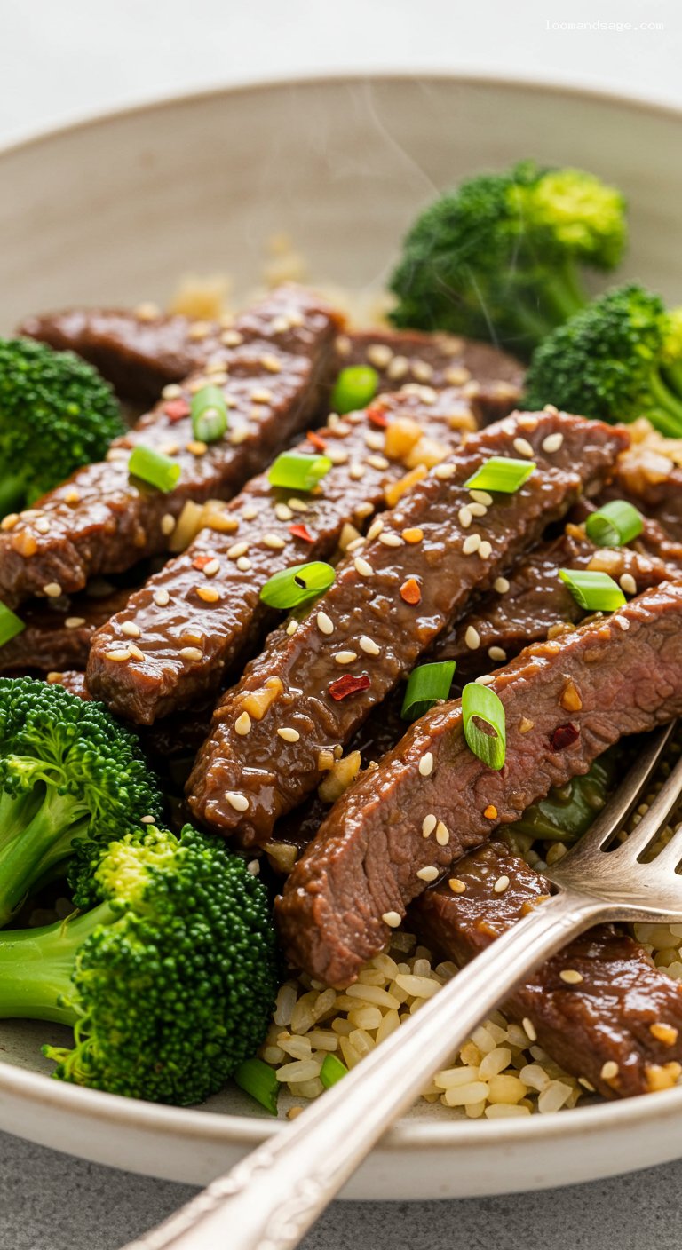 Keto Mongolian Beef with Scallions and Broccoli – Closeup