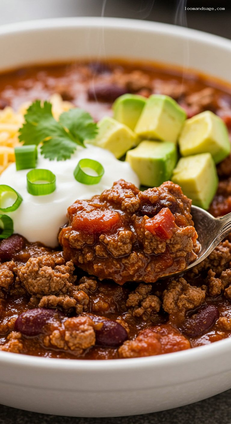Keto No-Bean Beef Chili Bowl with Toppings – Closeup