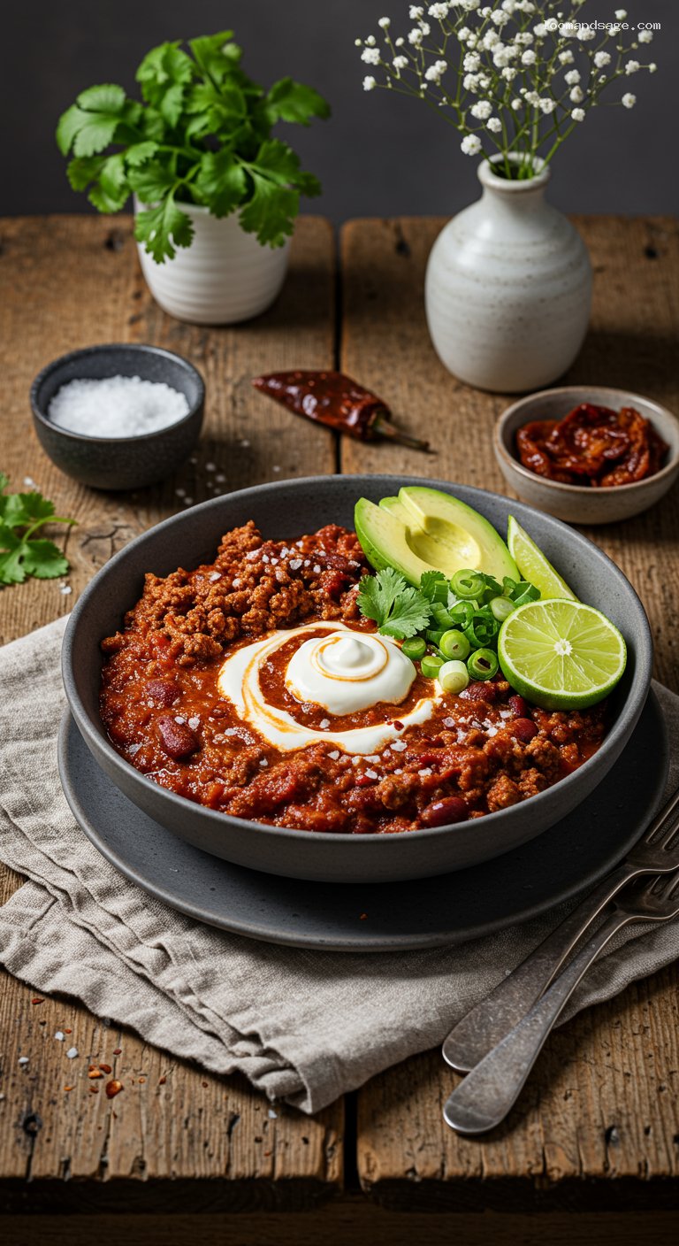 Keto No-Bean Beef Chili Bowl with Toppings