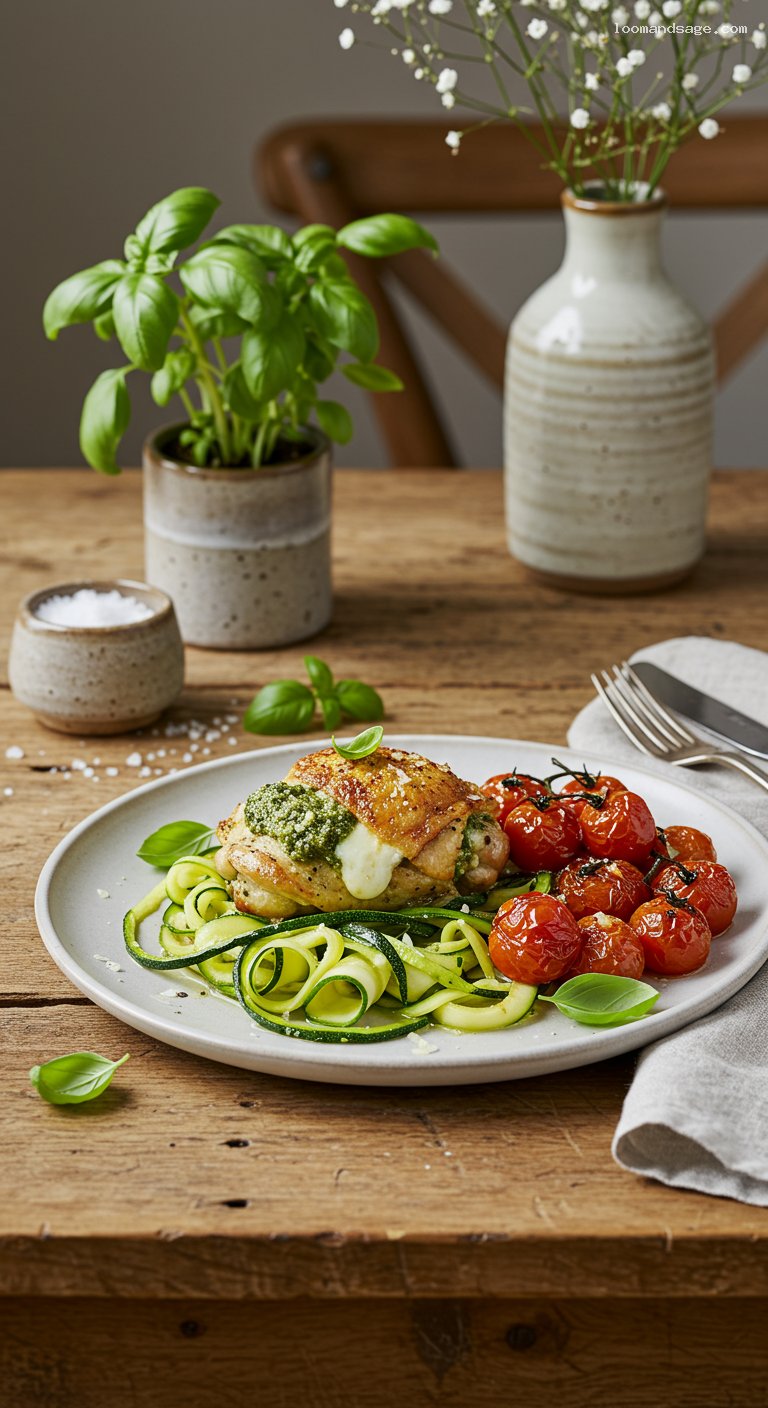 Keto Pesto-Stuffed Chicken Thighs with Zucchini Ribbons