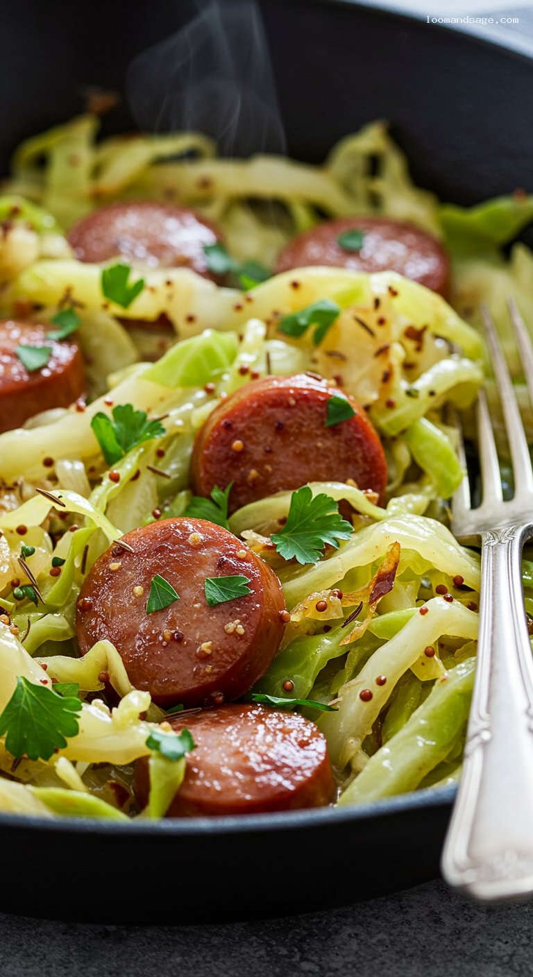 Keto Sausage and Cabbage Skillet with Dijon Cream – Closeup