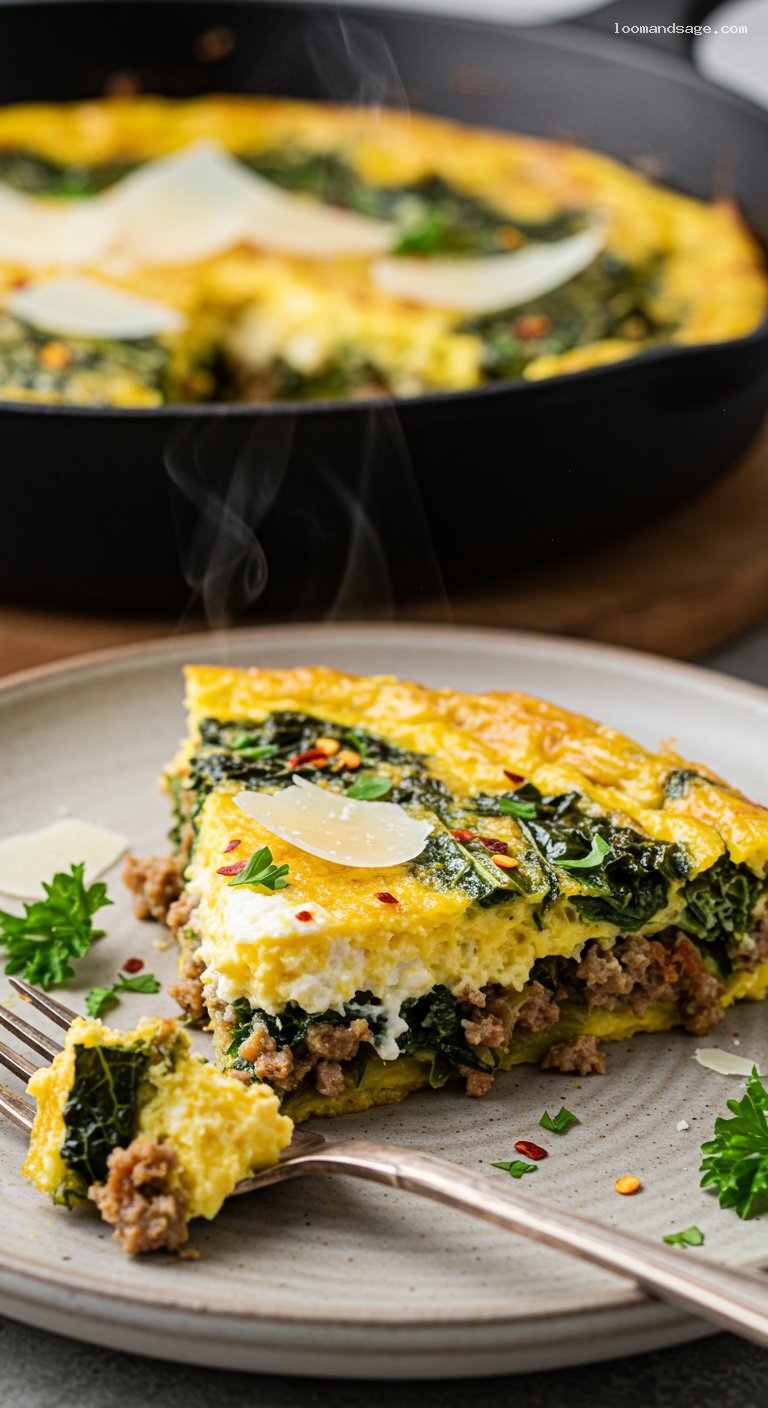 Keto Sausage and Kale Frittata with Ricotta – Closeup
