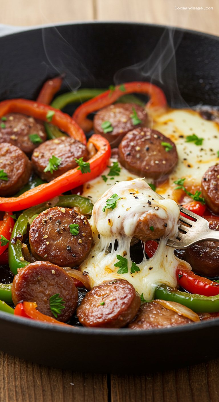 Keto Sausage and Peppers Skillet with Provolone – Closeup