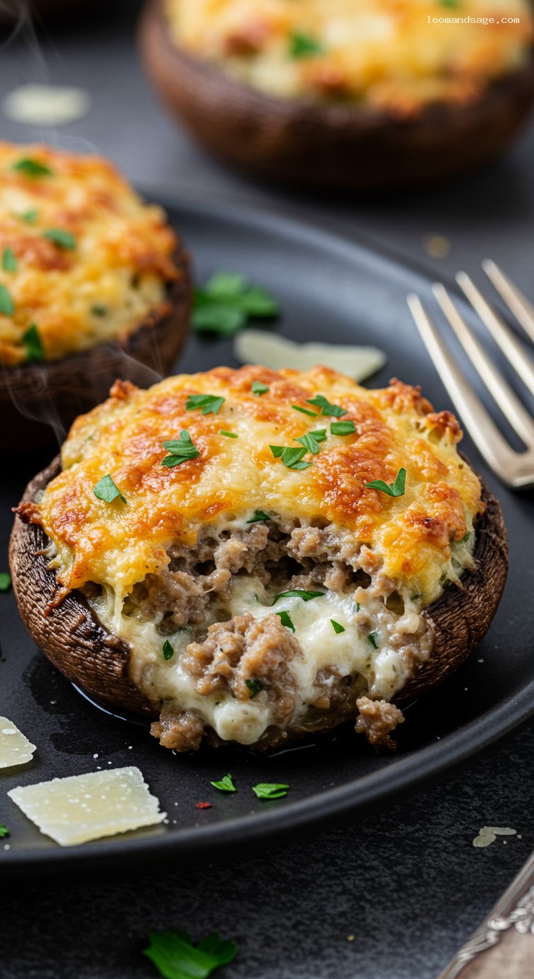 Keto Sausage-Stuffed Mushrooms with Creamy Parmesan – Closeup