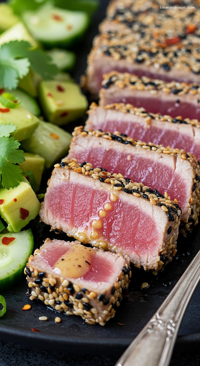 Keto Sesame-Ginger Seared Ahi with Cucumber Avocado Salad – Closeup