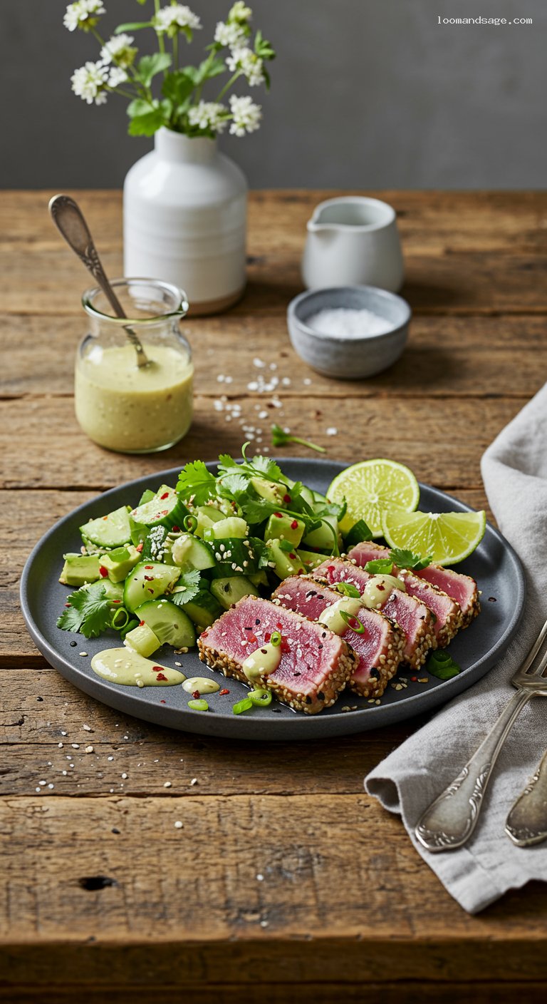 Keto Sesame-Ginger Seared Ahi with Cucumber Avocado Salad