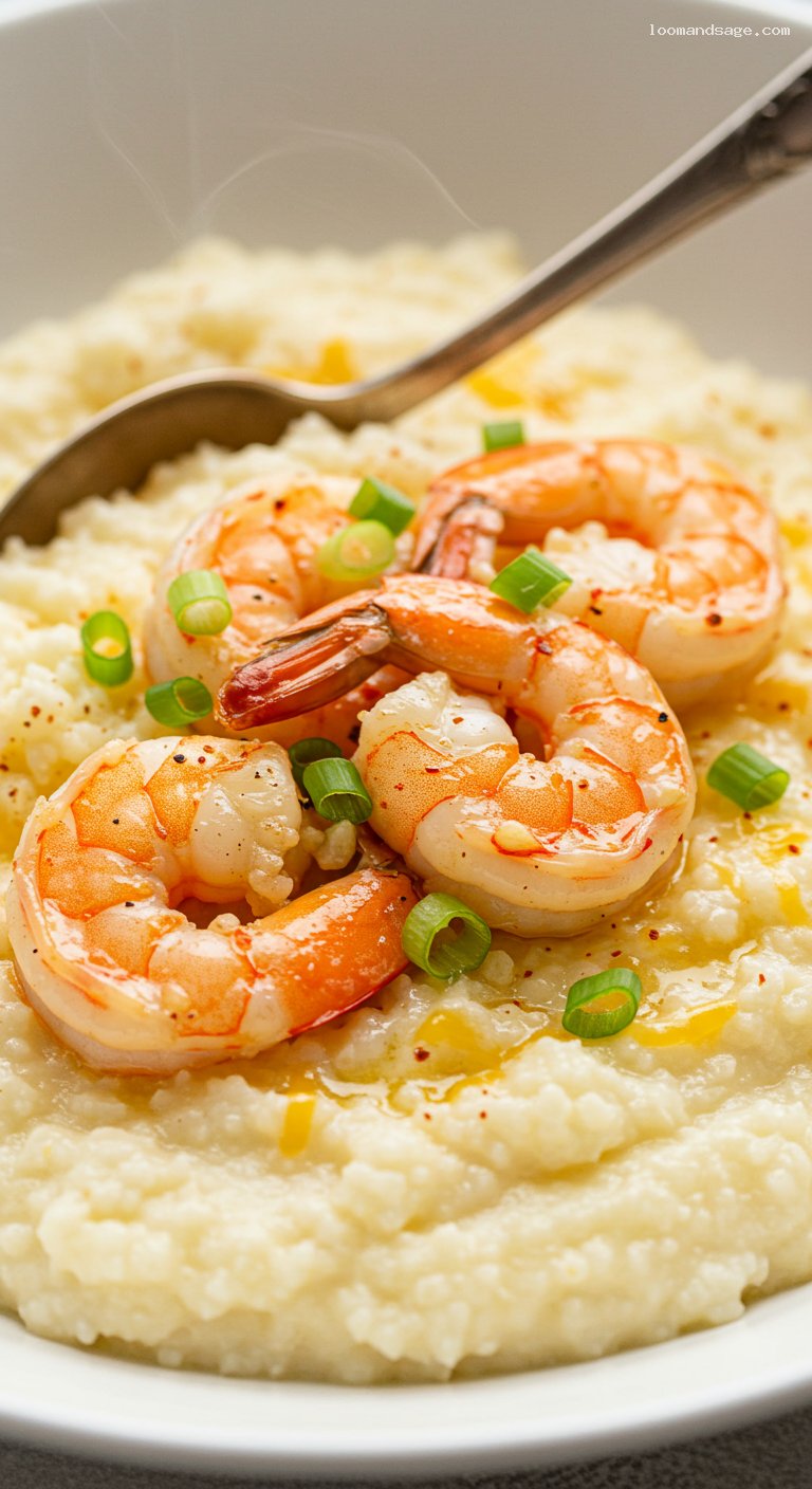 Keto Shrimp and Cauliflower Grits with Garlic Butter – Closeup