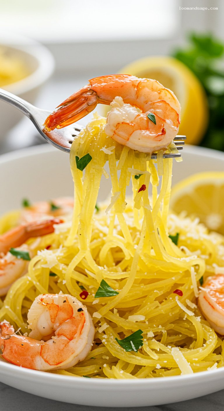 Keto Shrimp Scampi with Spaghetti Squash – Closeup