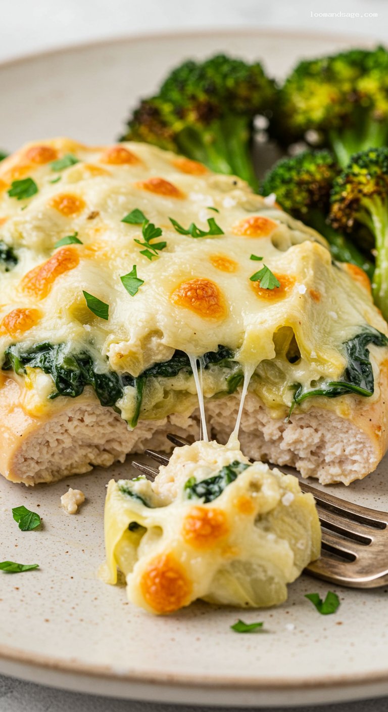 Keto Spinach Artichoke Chicken Bake with Mozzarella – Closeup