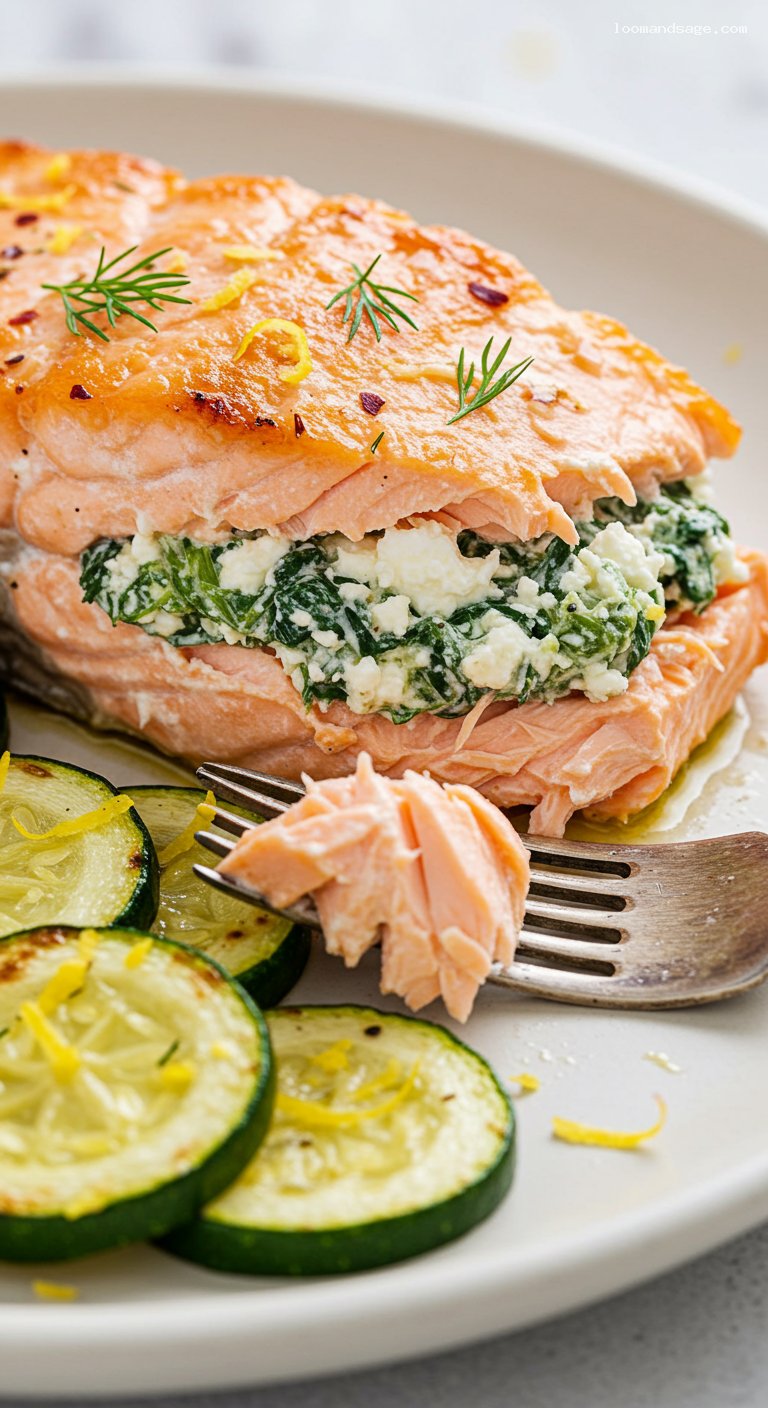 Keto Spinach-Feta Stuffed Salmon with Lemon Zucchini – Closeup