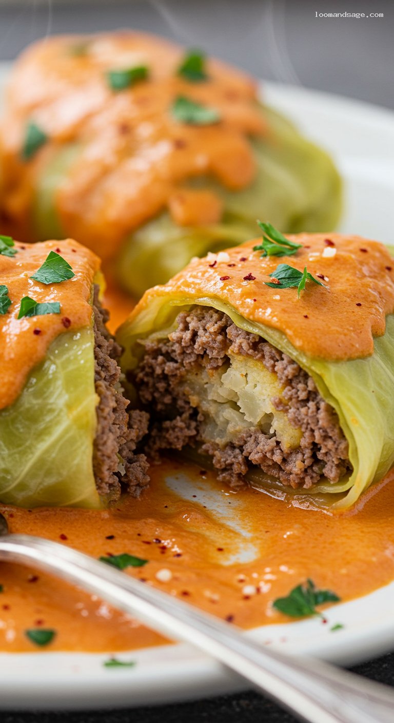 Keto Stuffed Cabbage Rolls with Smoky Tomato Cream – Closeup