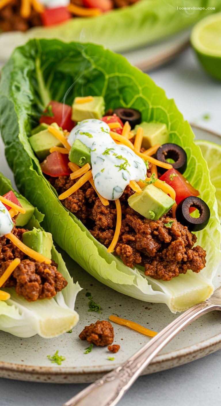 Keto Taco Salad Lettuce Cups with Lime Crema – Closeup