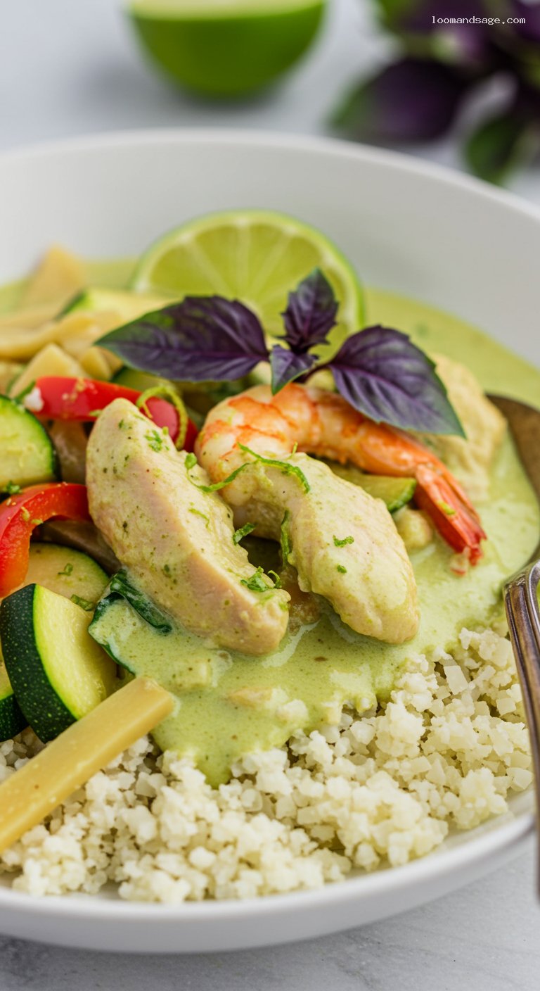 Keto Thai Green Curry with Cauliflower Rice – Closeup