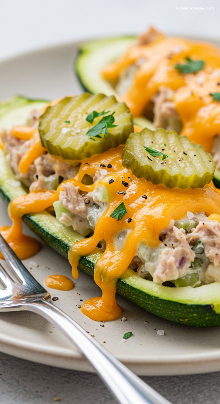 Keto Tuna Melt Zucchini Boats with Dill Pickles – Closeup