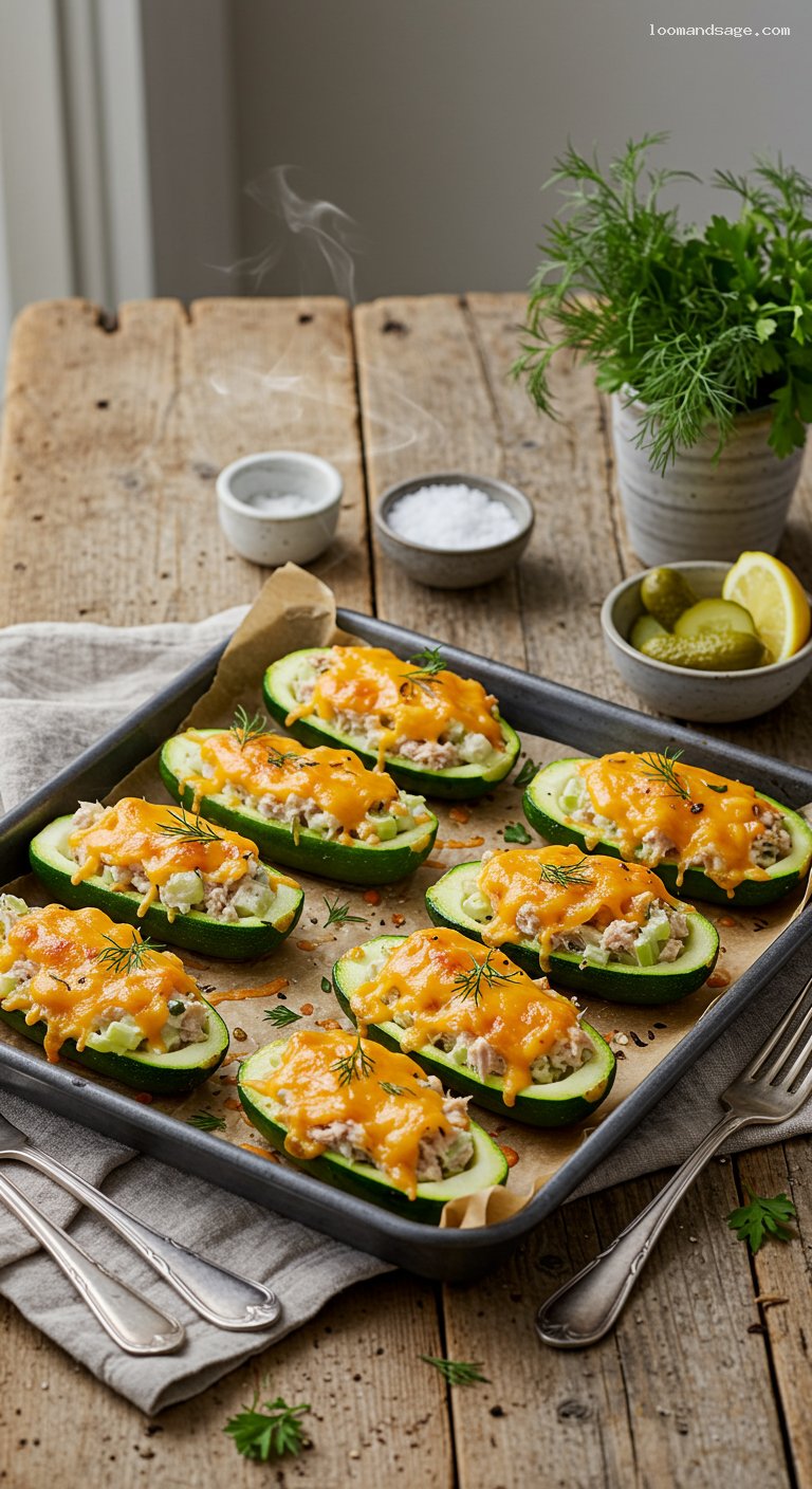 Keto Tuna Melt Zucchini Boats with Dill Pickles
