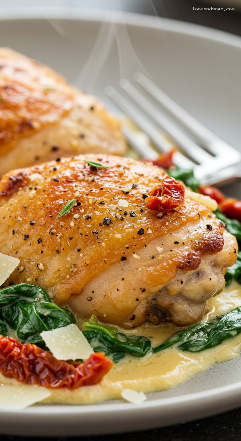 Keto Tuscan Garlic Chicken Thighs with Creamy Spinach Sauce – Closeup