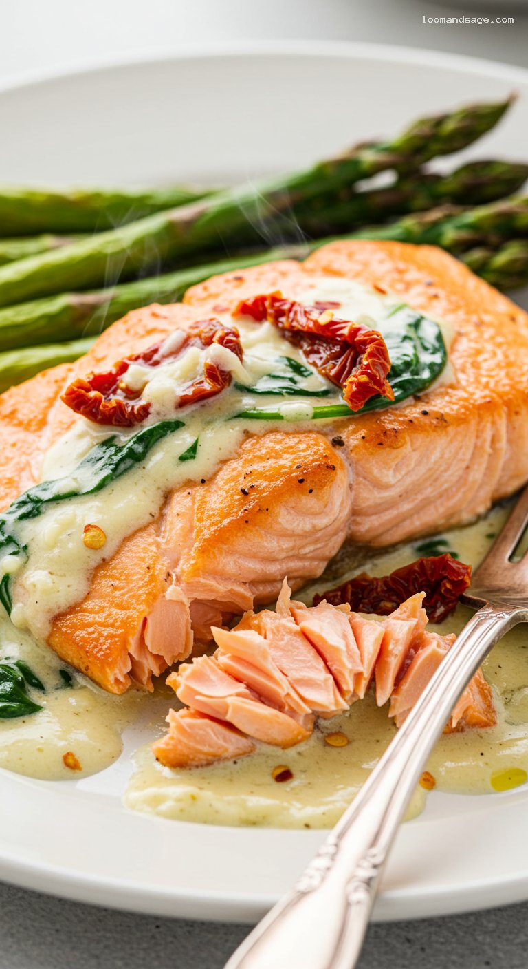 Keto Tuscan Salmon with Creamy Garlic Parmesan Sauce – Closeup